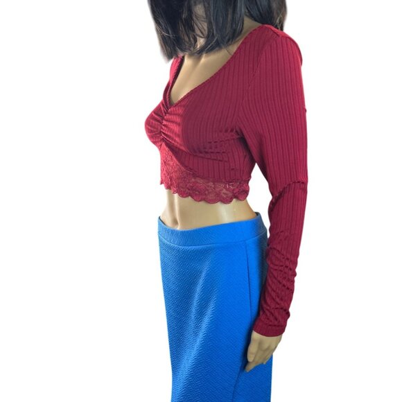 Red Long Sleeve Ribbed Crop Shirt Lace Trim V-Neck Small Y2K Cyber Retro - Picture 3 of 6